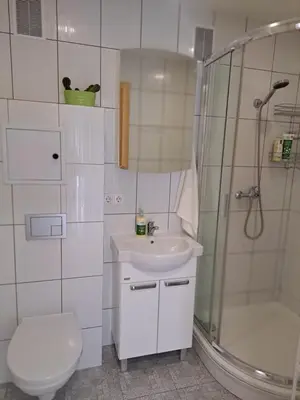 a bathroom with a shower and a toilet and a sink at Butas Anykščiuose šeimoms in Anykščiai