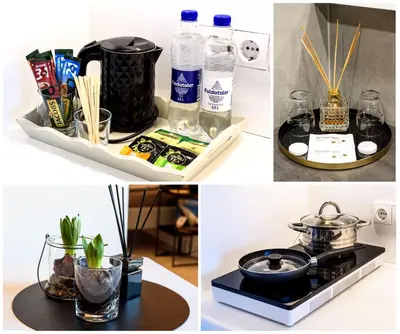 a collage of pictures of a kitchen with a stove at Kaunas apartments near Bus station in Kaunas