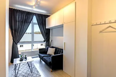 a living room with a black couch and a window at Kaunas apartments near Bus station in Kaunas