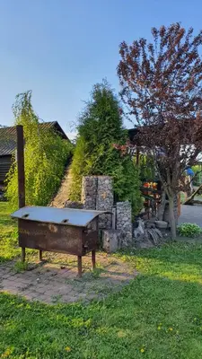 a ping pong table sitting in the grass at Authentic homestead over 100 years old in Kėdainiai