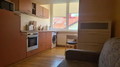 a small kitchen with a stove and a window at Apartamentai Luna in Druskininkai