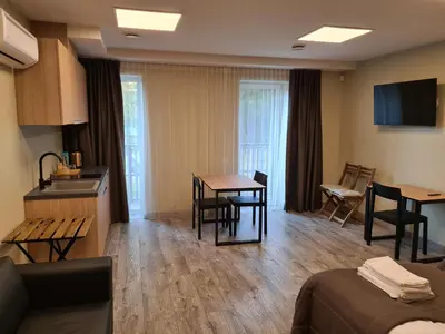 a hotel room with a kitchen and a dining room at Airus Apartamentai in Anykščiai