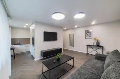 a living room with a couch and a flat screen tv at Frida Apartment in Šiauliai
