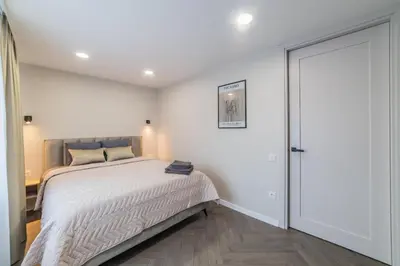a bedroom with a large bed and a sliding door at Frida Apartment in Šiauliai