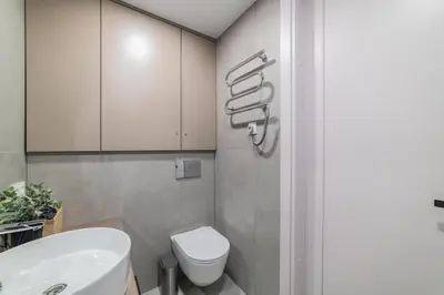 a bathroom with a white toilet and a sink at Frida Apartment in Šiauliai