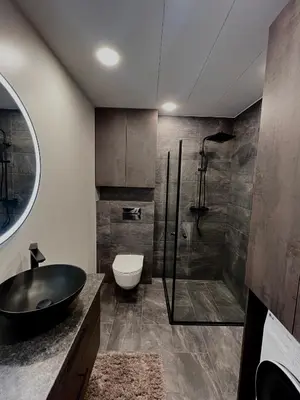 a bathroom with a black sink and a shower at J.Kairiūkščio apartamentai in Vilnius