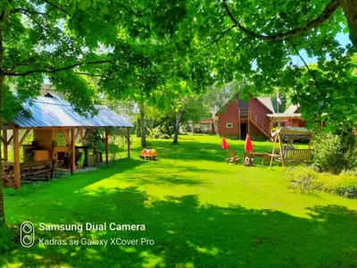 a green yard with a picnic table and a building at Taparynė in Alanta
