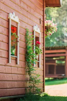two windows on the side of a pink house with flowers at Taparynė in Alanta