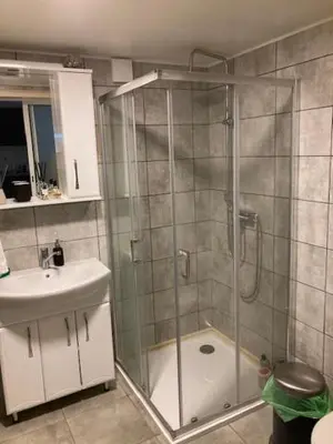a bathroom with a shower and a sink at Pušyno Apartments-Studio in Anykščiai