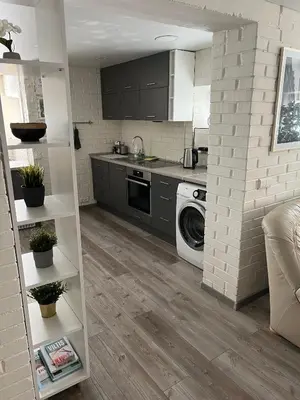 a kitchen with black cabinets and a washer and dryer at Pušyno Apartments-Studio in Anykščiai