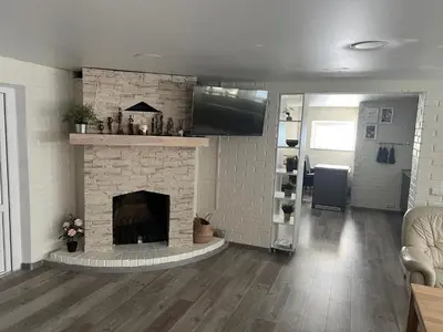a living room with a fireplace and a tv at Pušyno Apartments-Studio in Anykščiai