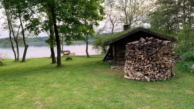 a pile of wood in the grass next to a cabin at Poilsis ant Virintų ežero kranto in Molėtai