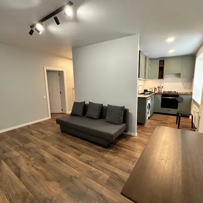 a living room with a couch and a kitchen at Cozy Apartment Kazlų Rūda in Kazlų Rūda