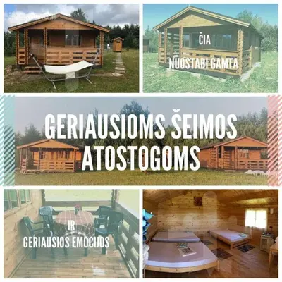a collage of pictures of a log cabin at Šeimos Namelis Adomo Sodyboje prie ežero 35 km nuo Vilniaus šalia Dubingių in Dirmeičiai