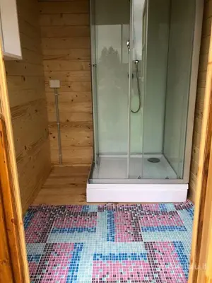 a glass shower in a room with a rug at Šeimos Namelis Adomo Sodyboje prie ežero 35 km nuo Vilniaus šalia Dubingių in Dirmeičiai
