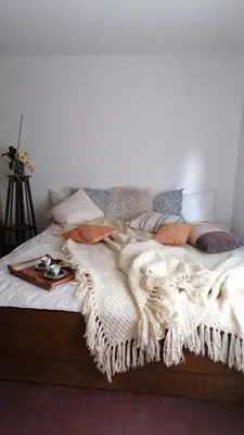 a bed with a blanket and a tray on it at Jono Trobele in Druskininkai