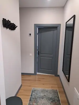 a hallway with a door and a rug and a mirror at Ainių gatvės apartamentai in Panevėžys