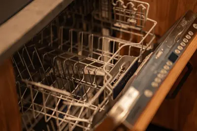 a dishwasher with a dish drying rack in it at Carlo Apartments in Birštonas