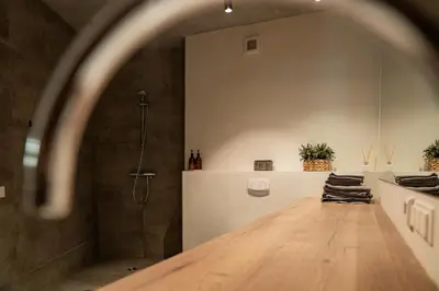 a bathroom with a shower and a wooden floor at Carlo Apartments in Birštonas