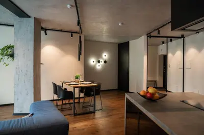 a kitchen and dining room with a table and chairs at Carlo Apartments in Birštonas