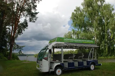a golf cart parked in the grass near a lake at Carlo Apartments in Birštonas