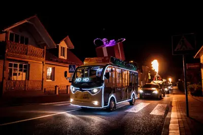 a small bus driving down a street at night at Carlo Apartments in Birštonas