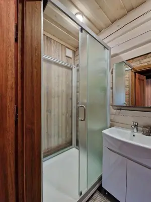 a bathroom with a shower and a sink at Anykščiai MĖNULIO AKMUO in Kavoliškis