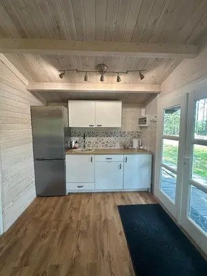 a kitchen with a stainless steel refrigerator and wooden ceilings at Spyglyne in Braziūkai