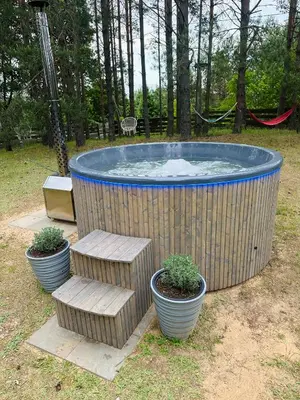 a hot tub with three plants and two benches at Spyglyne in Braziūkai