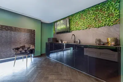 a kitchen with black cabinets and green walls at Apartments in Kaunas city centre with Jacuzzi bath in Kaunas
