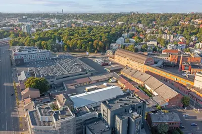 an overhead view of a city with buildings and trees at Apartments in Kaunas city centre with Jacuzzi bath in Kaunas