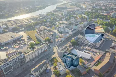an aerial view of a city with a building at Apartments in Kaunas city centre with Jacuzzi bath in Kaunas