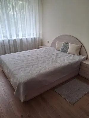a large bed in a bedroom with a large window at ZS apartment in Druskininkai