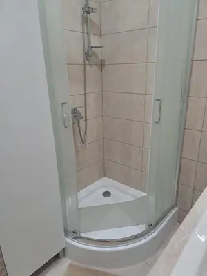 a shower with a glass door in a bathroom at ZS apartment in Druskininkai
