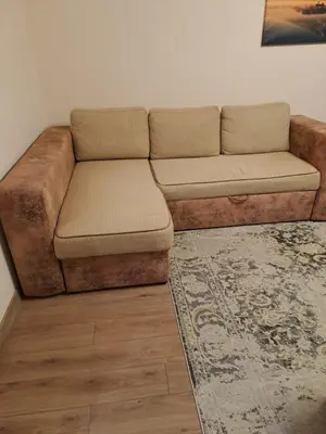 a brown couch in a living room with a rug at ZS apartment in Druskininkai