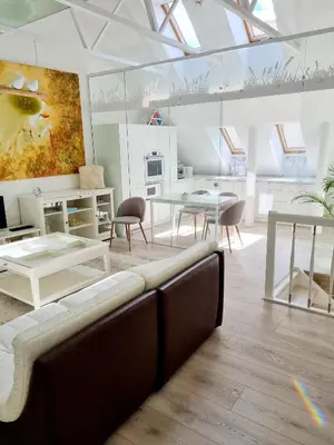a living room with a couch and a table at Gallery Balta Apartments in Kaunas