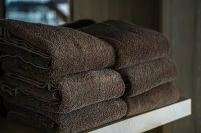 a pile of brown towels sitting on a shelf at Royal Horse Resort in Balkasodis