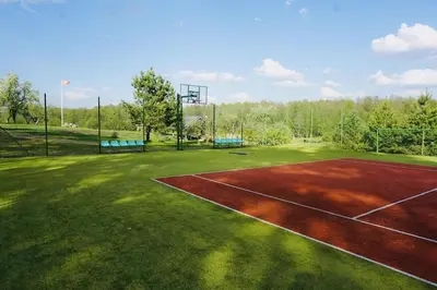 a tennis court with a basketball hoop in a field at Forest springs. Family vacation tennis beach sauna in GratiÅ¡kÄ—s
