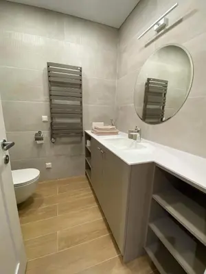a bathroom with a sink and a mirror and a toilet at Apartment-Pine Forest Birštonas in Birštonas