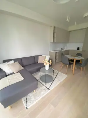 a living room with a couch and a table at Apartment-Pine Forest Birštonas in Birštonas
