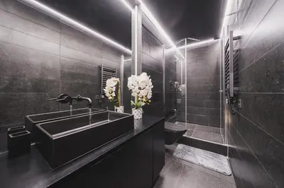 a black bathroom with a sink and a toilet at Vivulskio Apartament - Lollo Stay in Vilnius