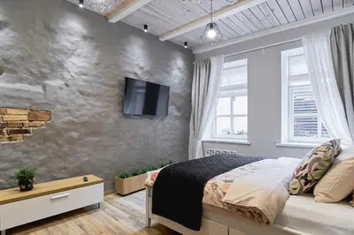 a bedroom with a bed and a tv on a wall at Cosy and authentic apartment in Vilnius Old Town in Vilnius