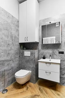 a bathroom with a white toilet and a sink at Cosy and authentic apartment in Vilnius Old Town in Vilnius