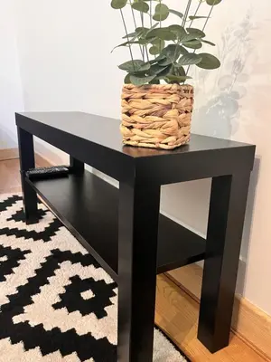 a black table with a plant on top of it at Stilingi šaulio skulptūros apartamentai in Druskininkai