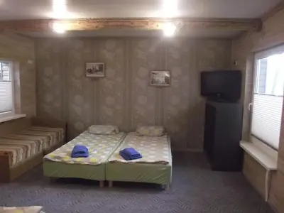 two beds in a room with a tv and a bedskirts at Nakvynė Rokiškyje in Rokiškis