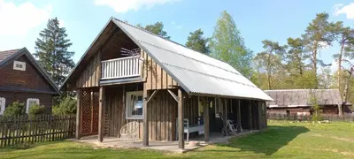 a small wooden house with a metal roof at Ramintos miško namelis in Žiogeliai