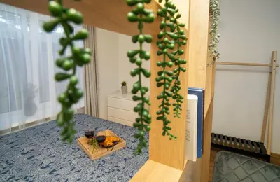 a room with a table with a plant at Fort63 apartments in Kaunas