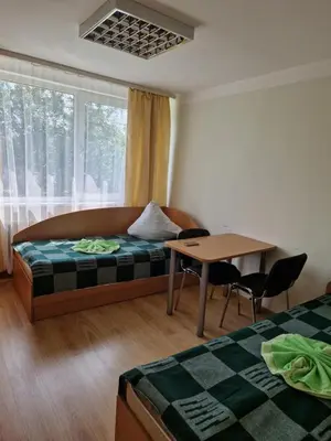 a bedroom with a bed and a table and a window at Kambarių nuoma Žeimelyje in Žeimelis