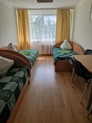 a room with two beds and a table and a window at Kambarių nuoma Žeimelyje in Žeimelis