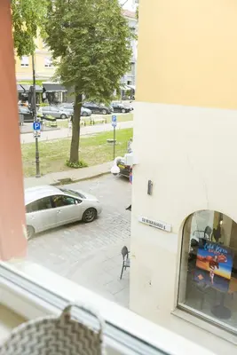 a view of a car parked in a parking lot at Romantic New 1 Bedroom Vilnius Best Location in Vilnius